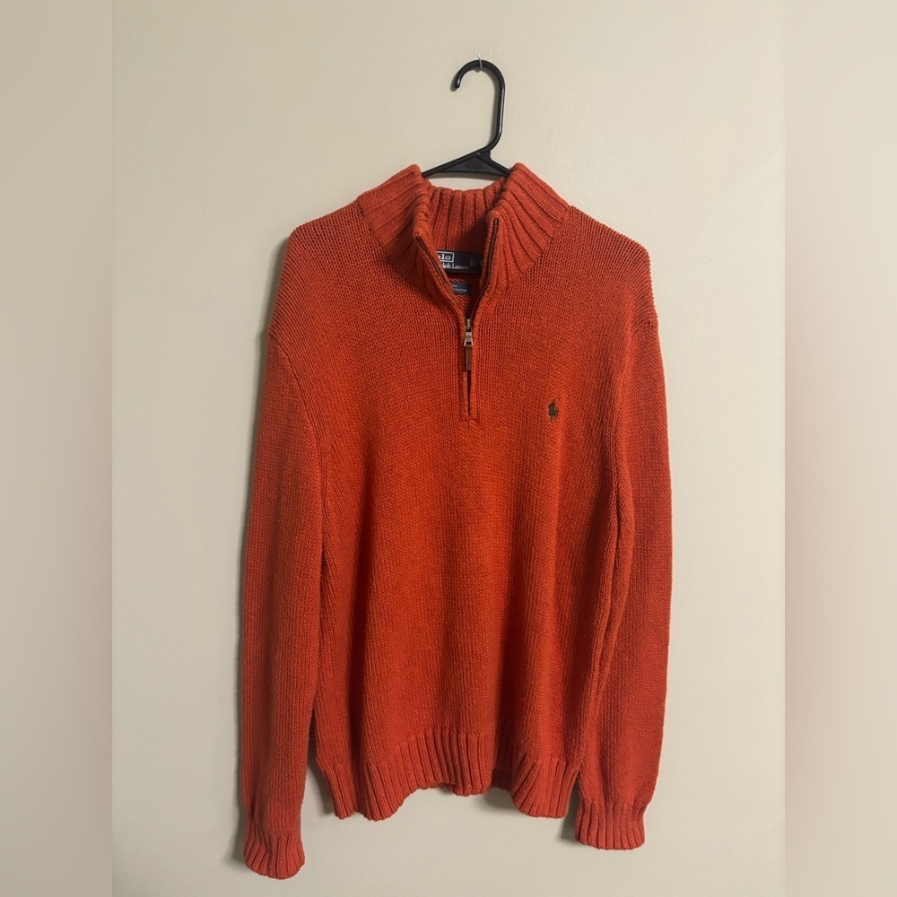 Polo Ralph Lauren 1/4 Zip Orange 100% Cotton Pullover Sweater Men Size Large